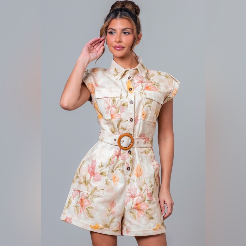 Floral Denim Utility Romper with Wooden Belt - A. Peach